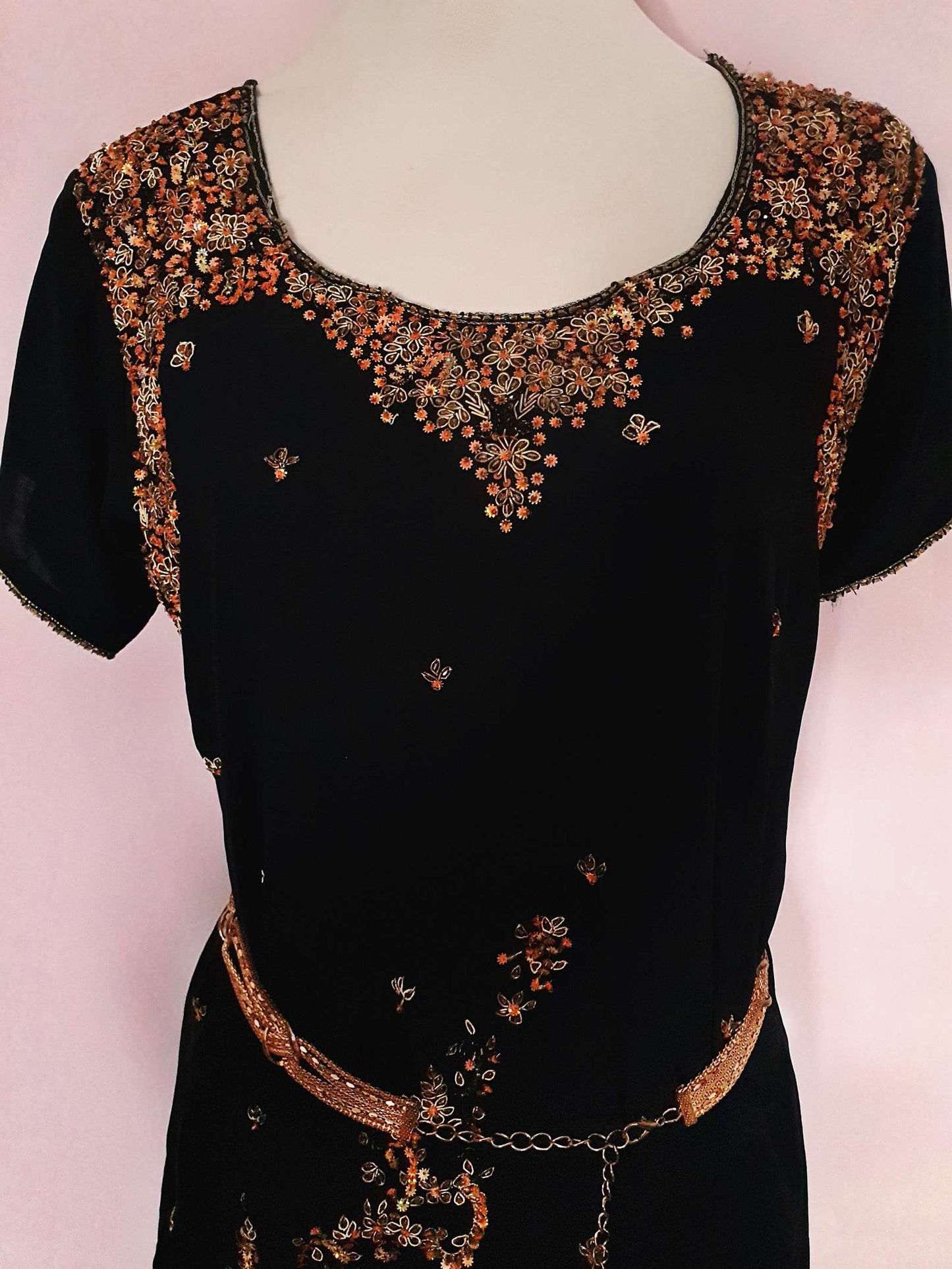 Vintage 1980s Black Chiffon Beaded Kaftan Boho Mini Dress - Size 14