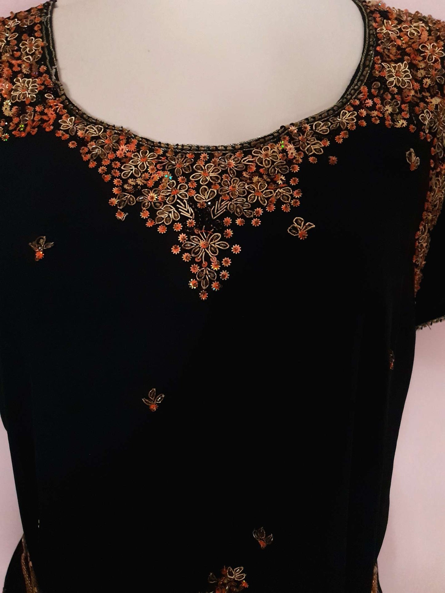 Vintage 1980s Black Chiffon Beaded Kaftan Boho Mini Dress - Size 14