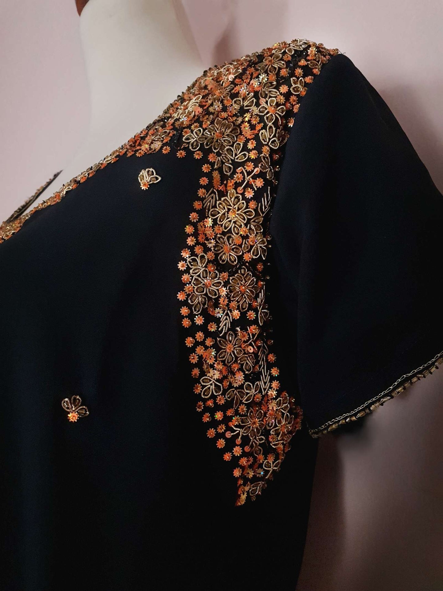 Vintage 1980s Black Chiffon Beaded Kaftan Boho Mini Dress - Size 14