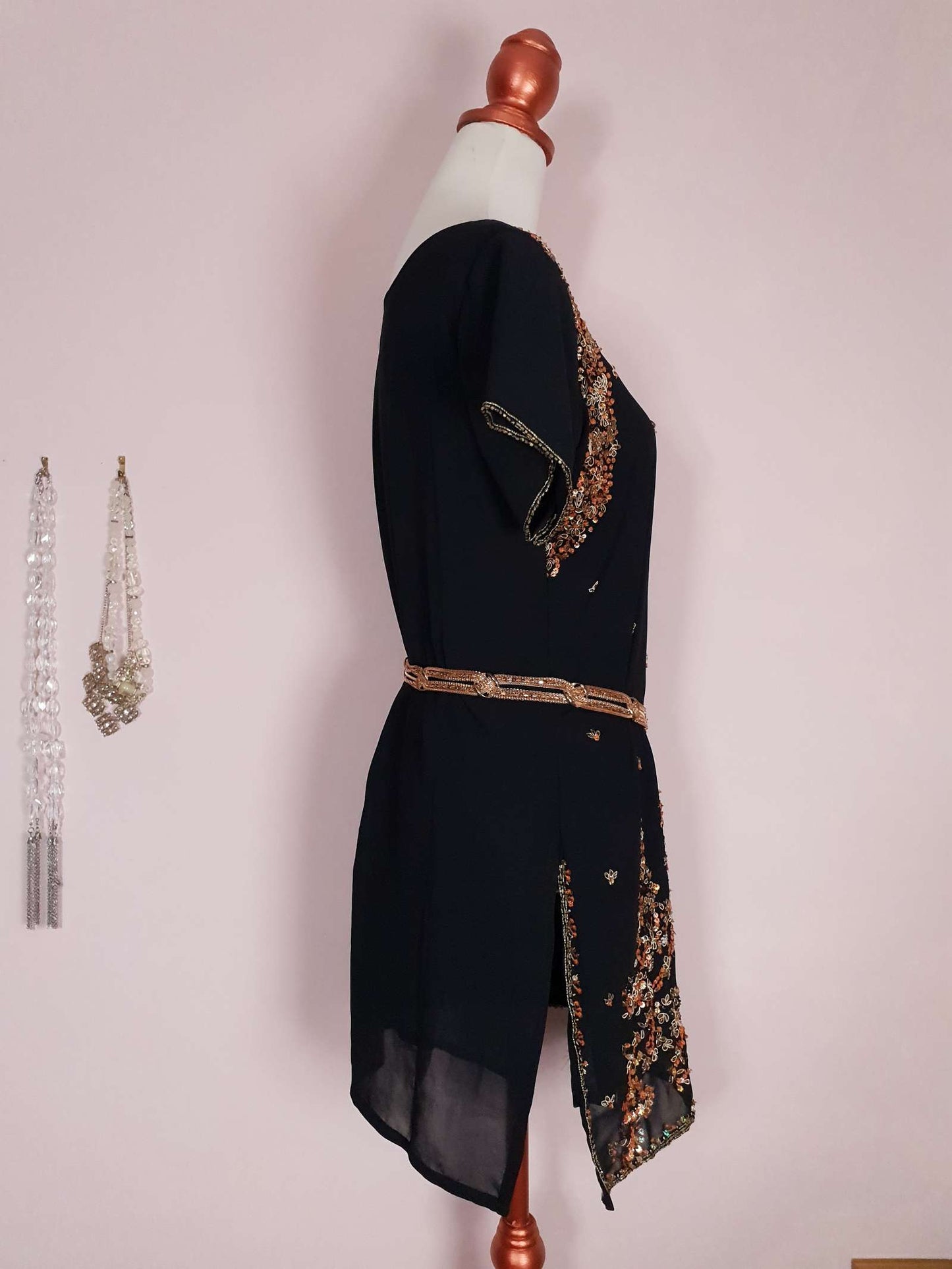 Vintage 1980s Black Chiffon Beaded Kaftan Boho Mini Dress - Size 14