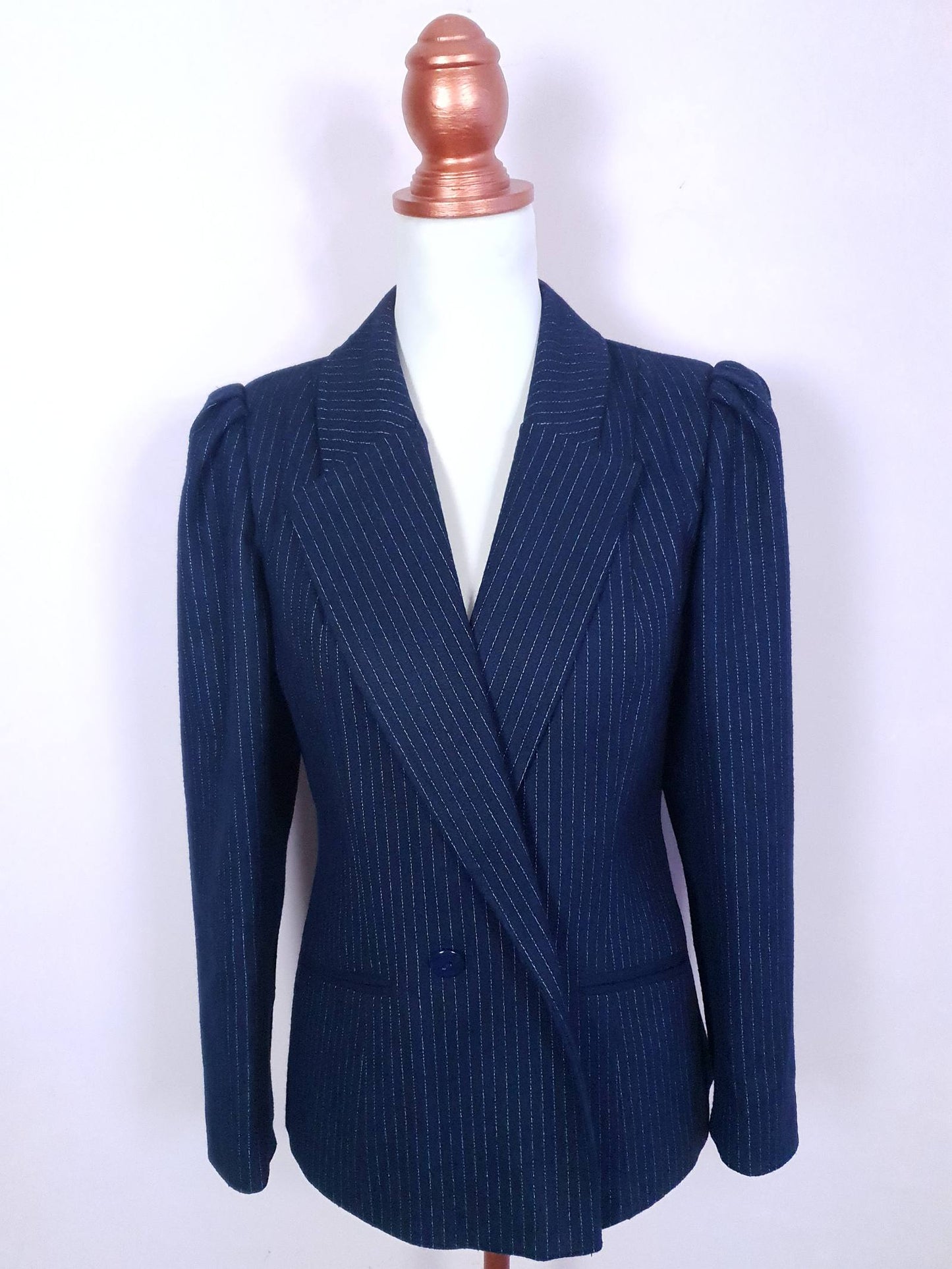 Vintage Navy Blue Pinstripe Jacket 1980s Size 12 Double Breasted Blazer