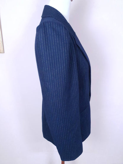 Vintage Navy Blue Pinstripe Jacket 1980s Size 12 Double Breasted Blazer