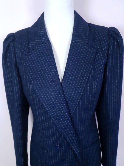 Vintage Navy Blue Pinstripe Jacket 1980s Size 12 Double Breasted Blazer