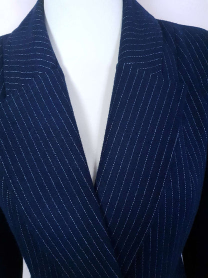 Vintage Navy Blue Pinstripe Jacket 1980s Size 12 Double Breasted Blazer