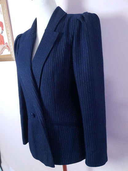 Vintage Navy Blue Pinstripe Jacket 1980s Size 12 Double Breasted Blazer