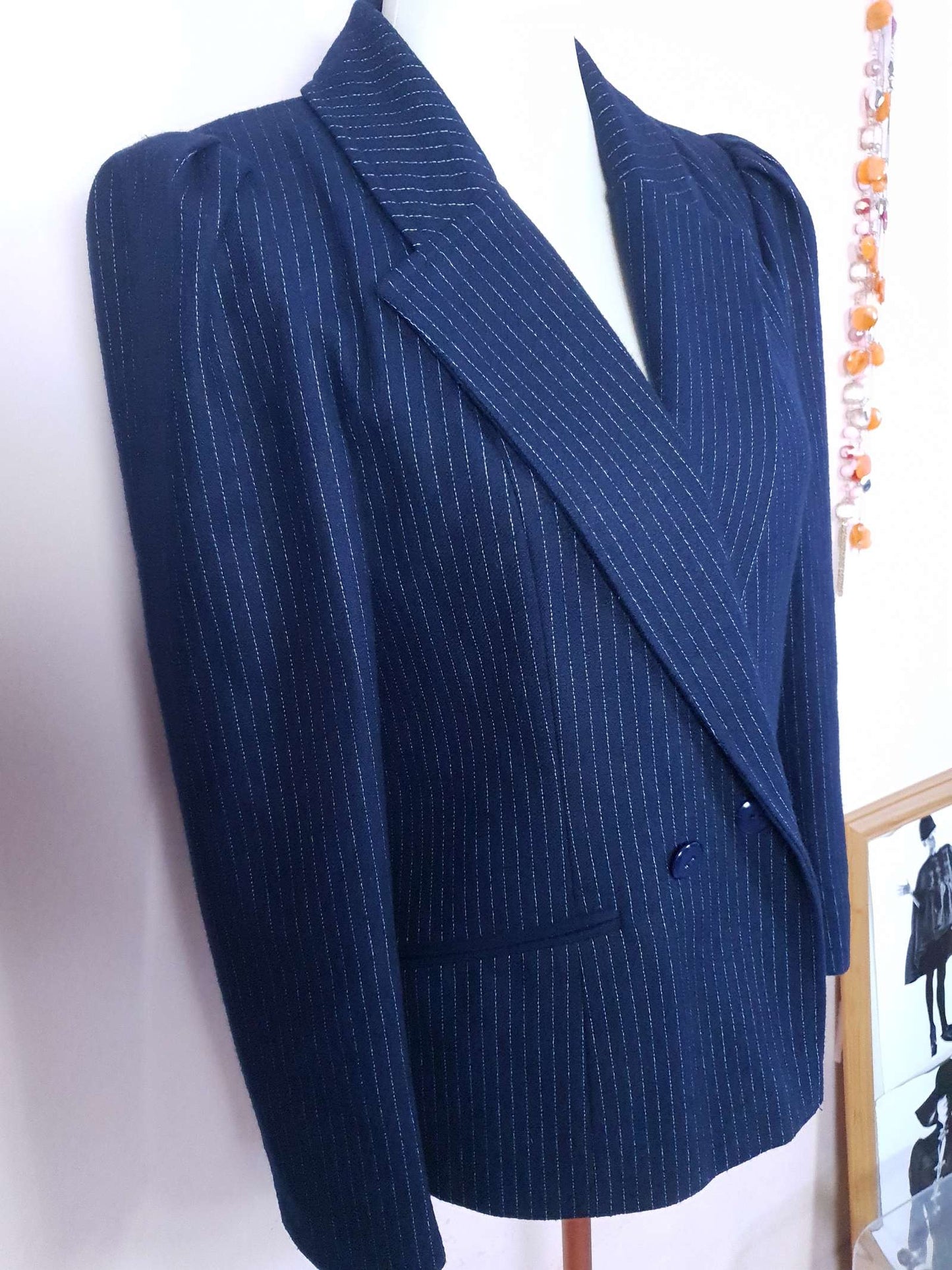 Vintage Navy Blue Pinstripe Jacket 1980s Size 12 Double Breasted Blazer