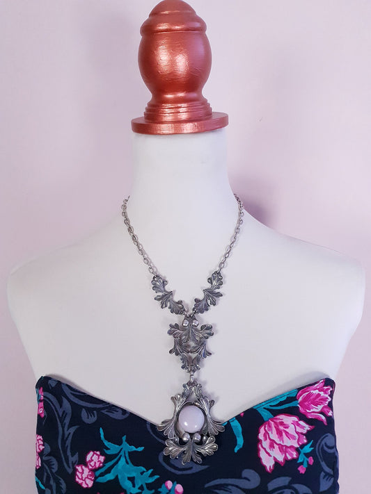 Vintage 1970s Pewter Ornate Leaf Lilac Stone Necklace