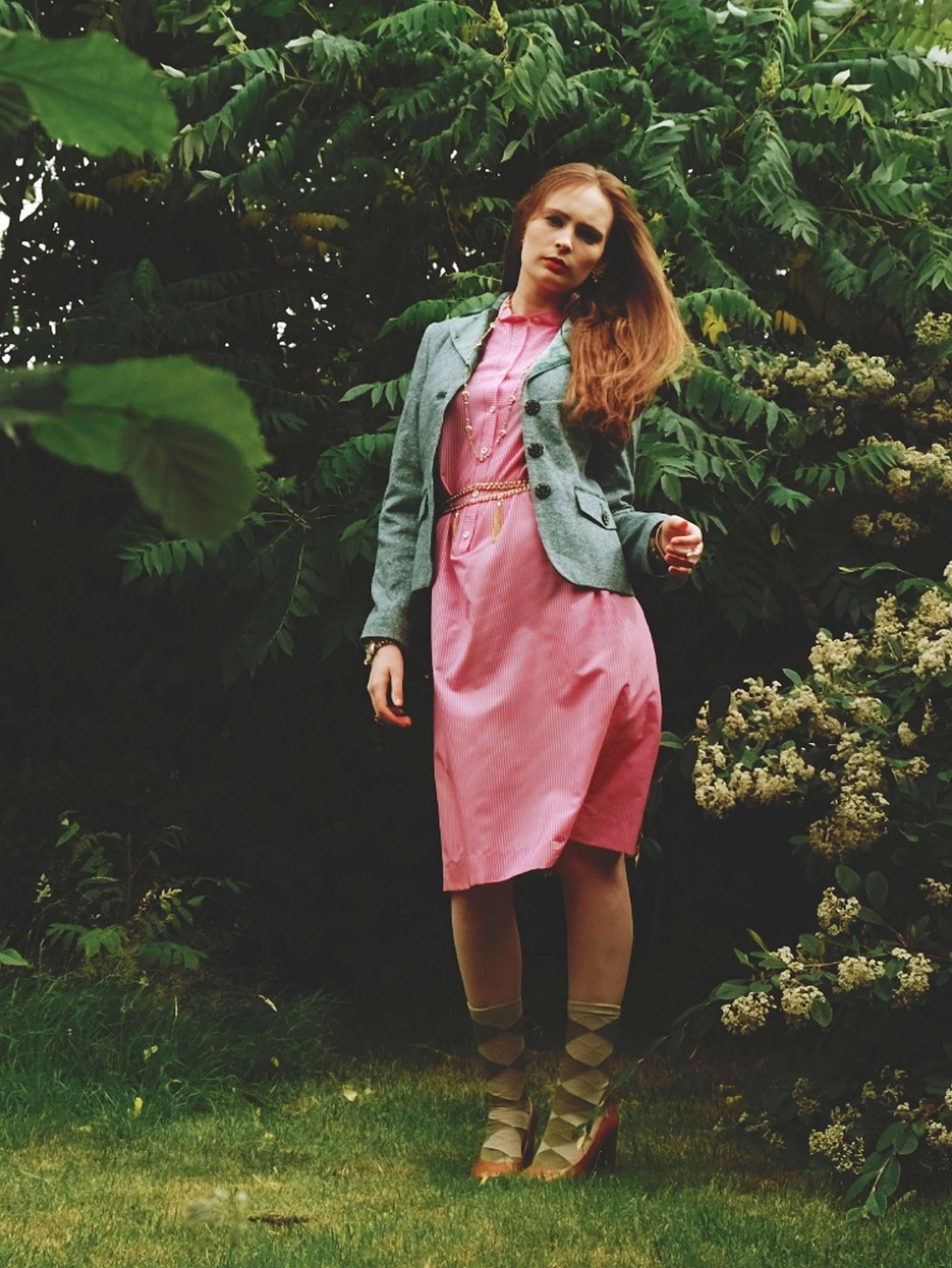 1970s Vintage Cerise Pink Striped Dress Midi Retro - Size 12