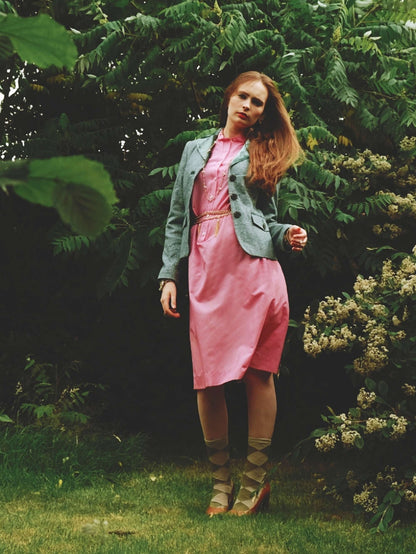 1970s Vintage Cerise Pink Striped Dress Midi Retro - Size 12