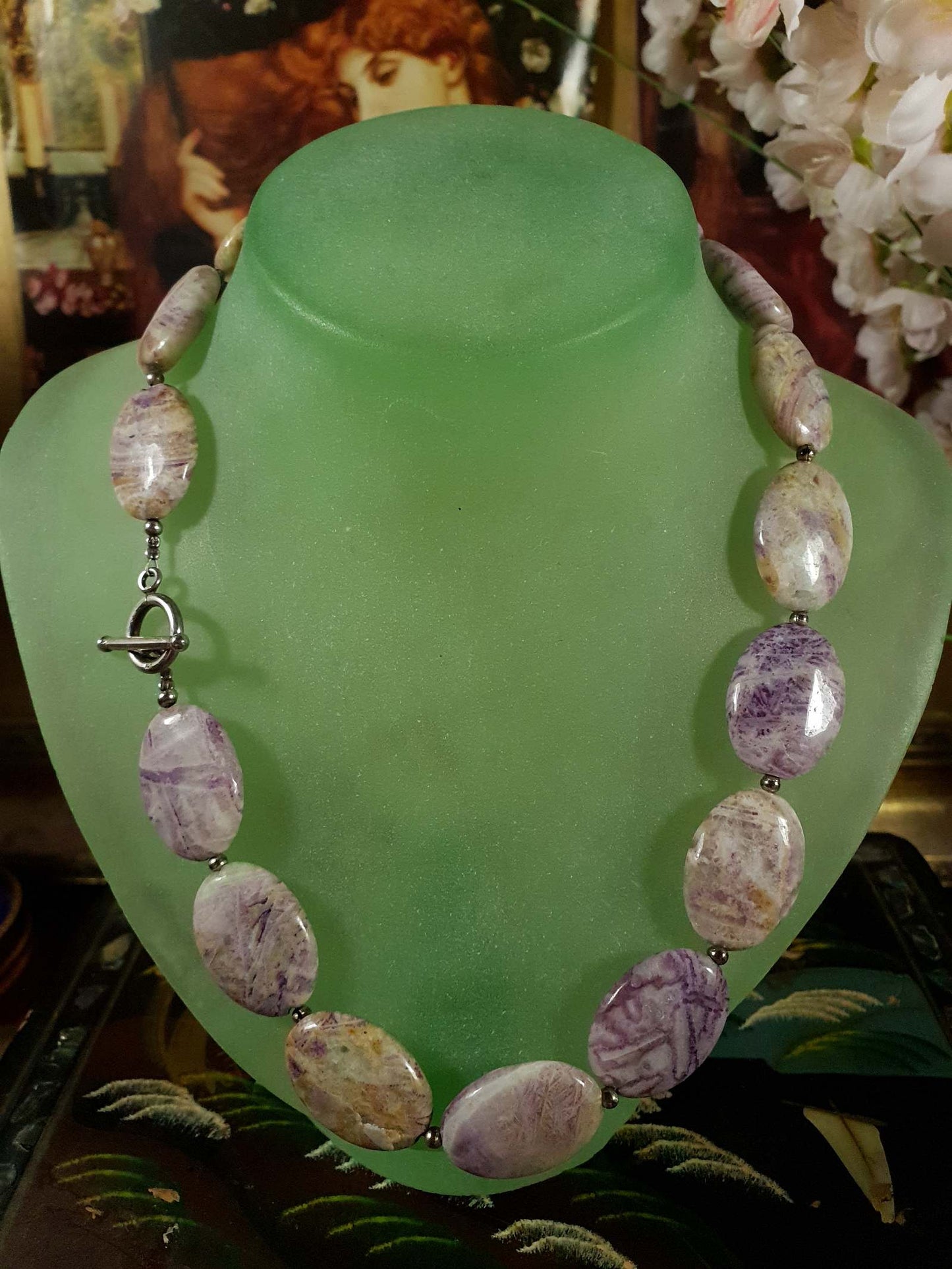 Vintage Jasper Sterling Silver Necklace 18" 1970s Purple Yellow
