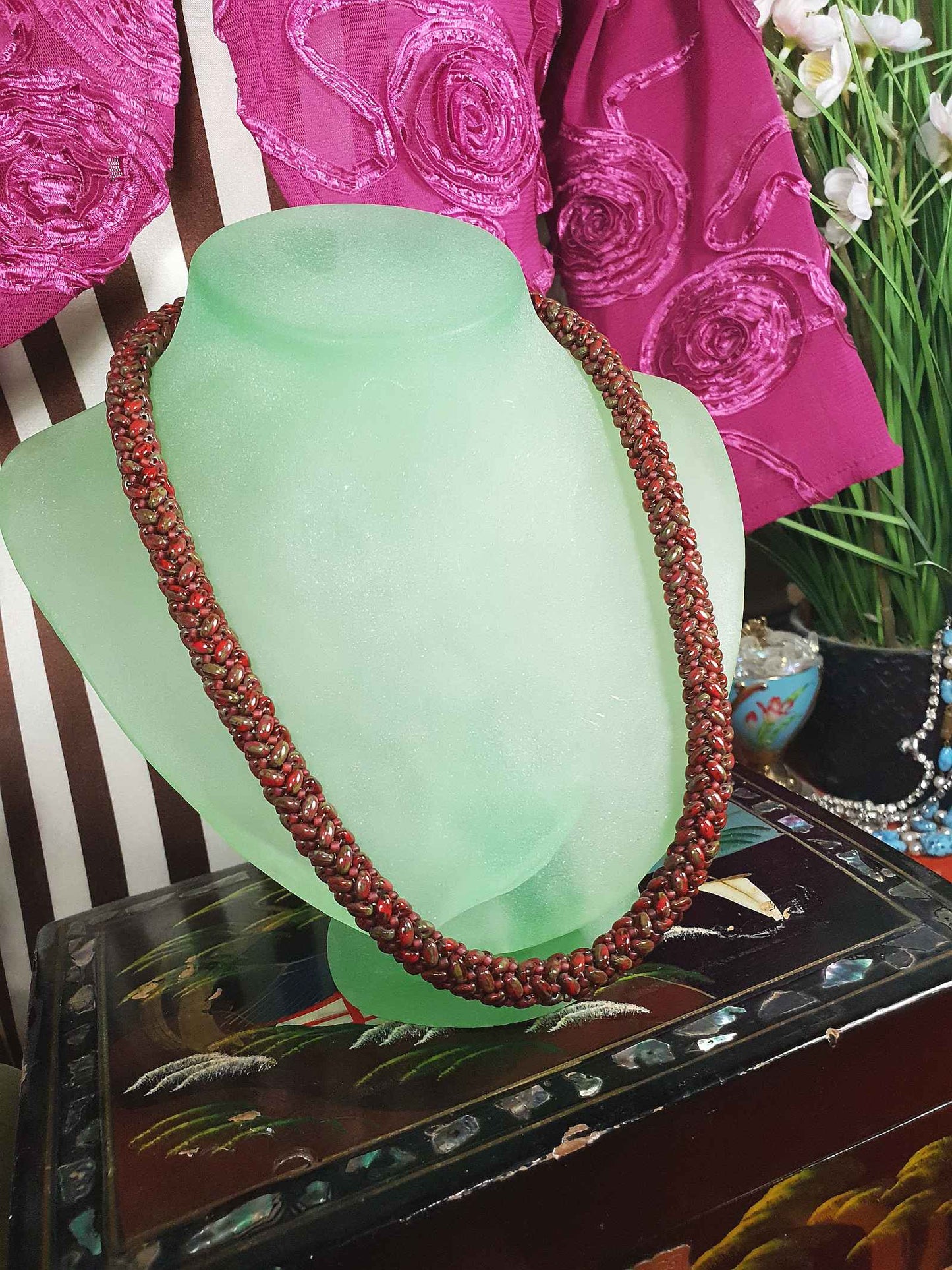 Vintage Red Green Art Glass Necklace Woven Retro 1970s