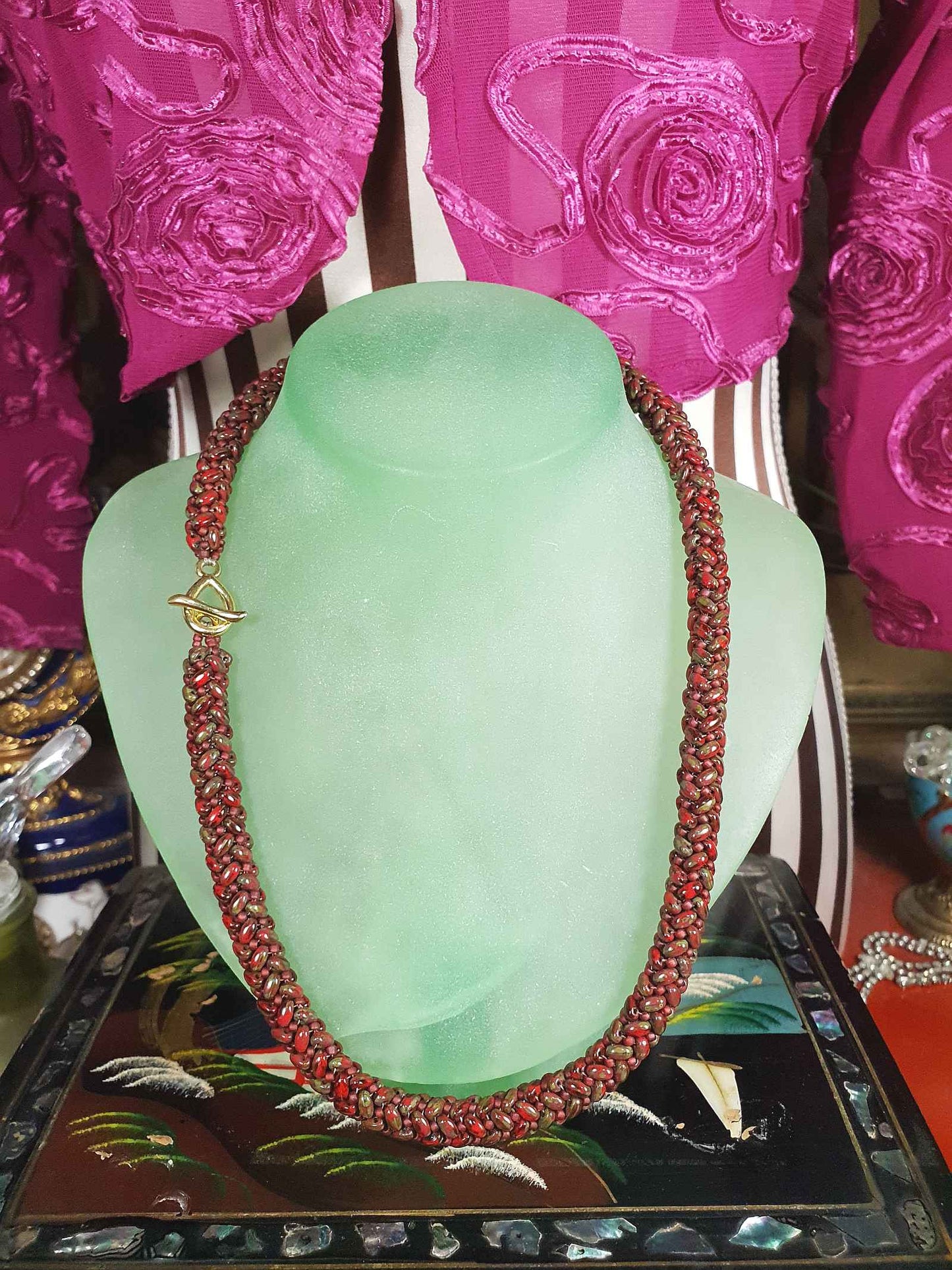 Vintage Red Green Art Glass Necklace Woven Retro 1970s