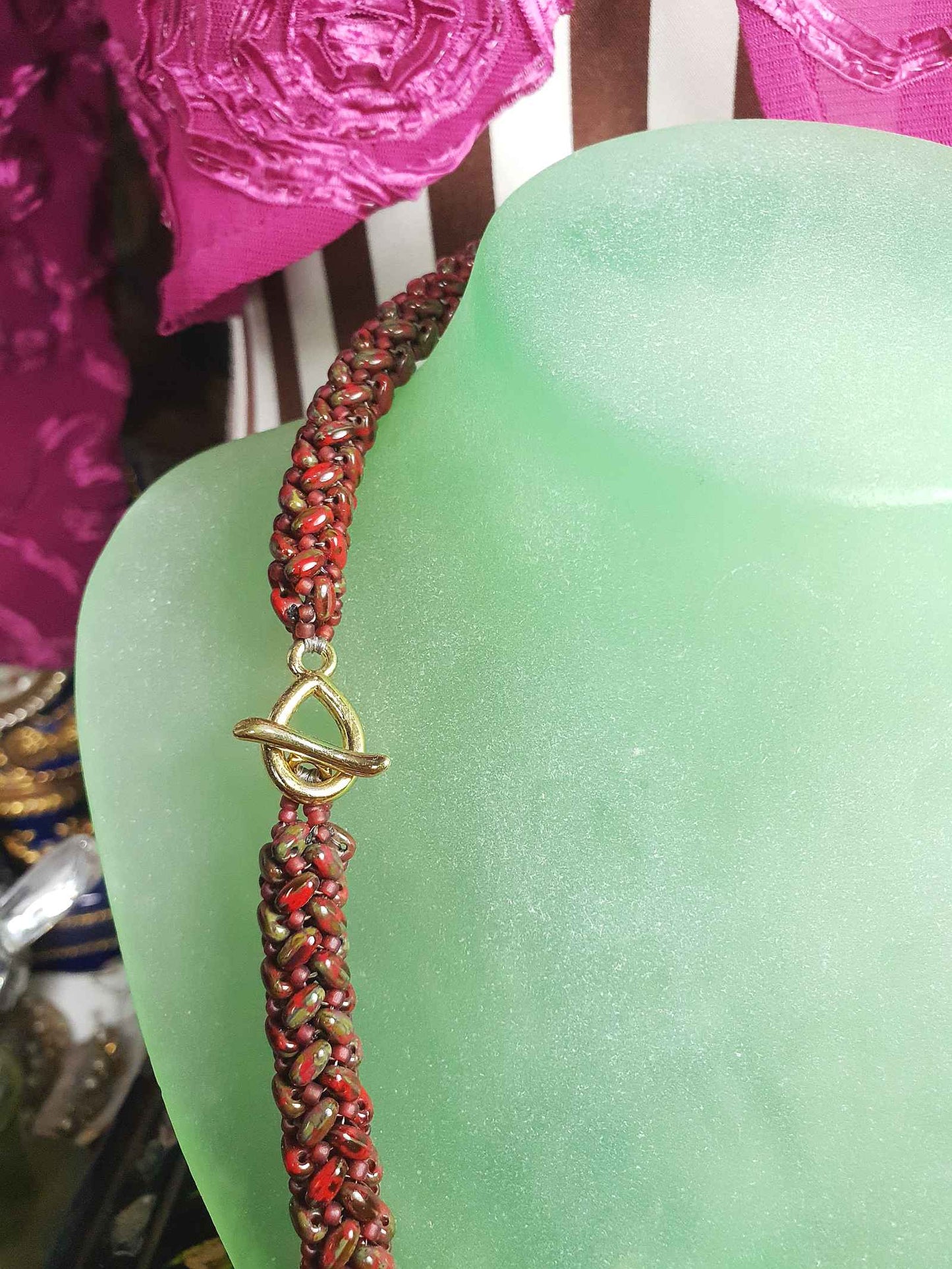 Vintage Red Green Art Glass Necklace Woven Retro 1970s