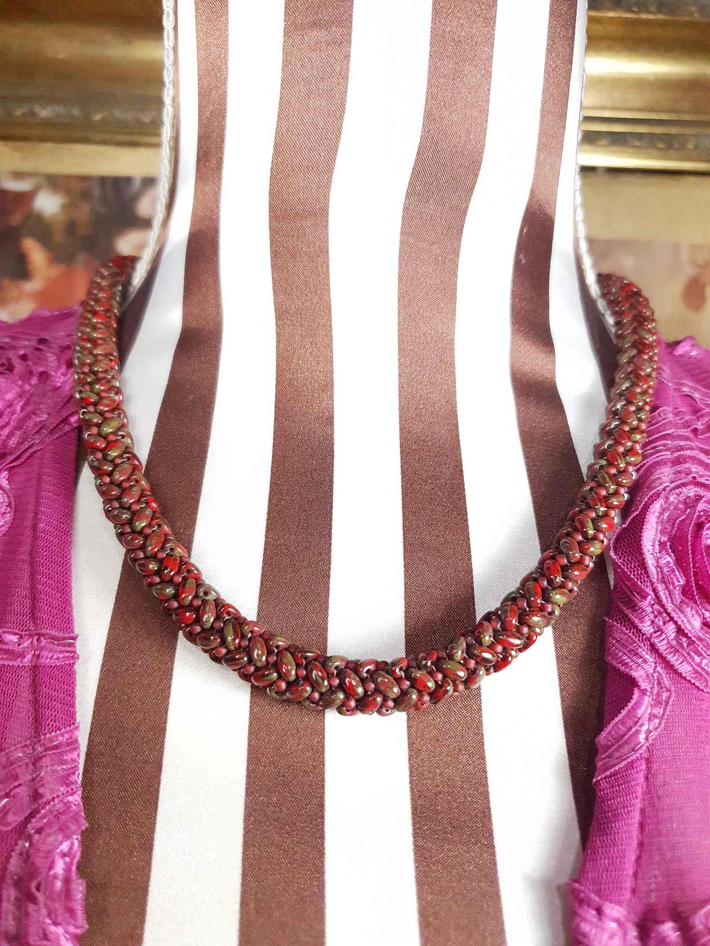 Vintage Red Green Art Glass Necklace Woven Retro 1970s