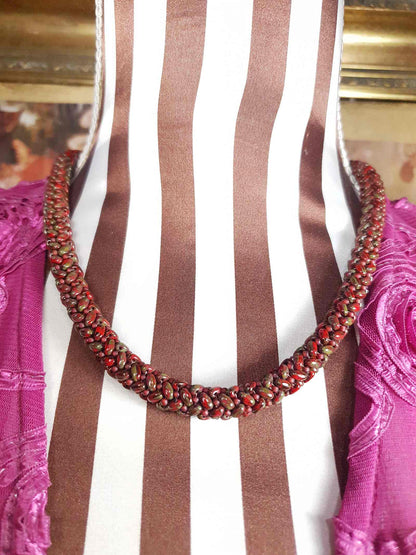 Vintage Red Green Art Glass Necklace Woven Retro 1970s