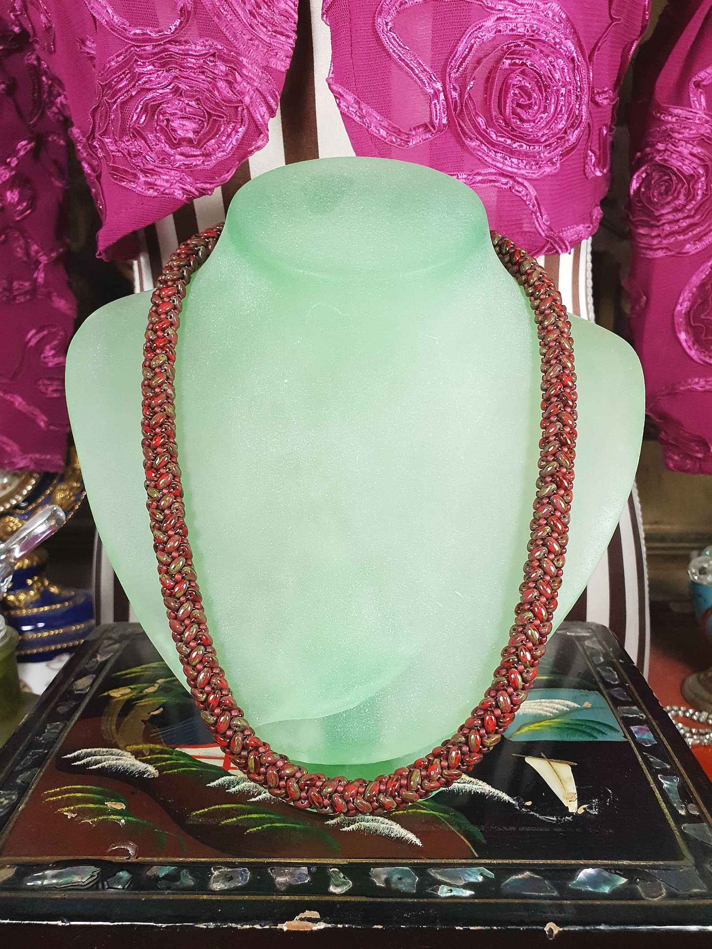 Vintage Red Green Art Glass Necklace Woven Retro 1970s