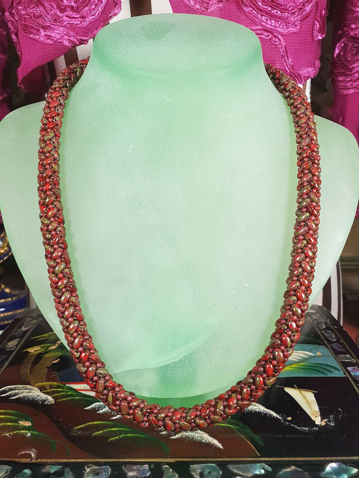 Vintage Red Green Art Glass Necklace Woven Retro 1970s