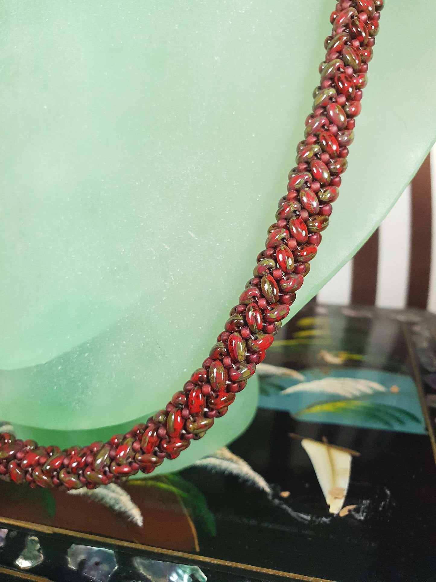 Vintage Red Green Art Glass Necklace Woven Retro 1970s
