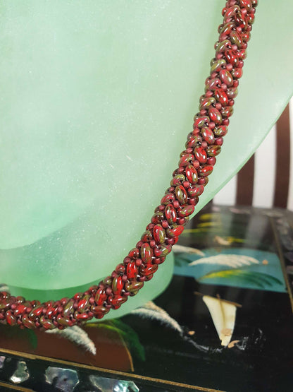Vintage Red Green Art Glass Necklace Woven Retro 1970s