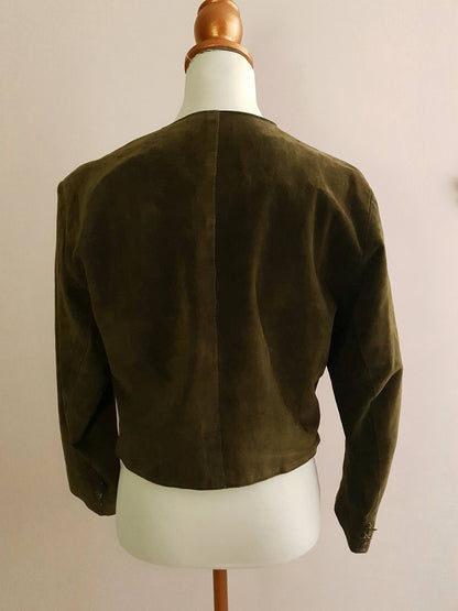 Chic 1980s Vintage Olive Green Suede Leather Jacket - Size 10